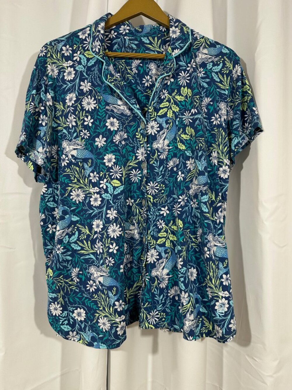 Cuddl Duds Mermaid Floral Pajama Top Size XL Cotton Modal Sleep Shirt Blue